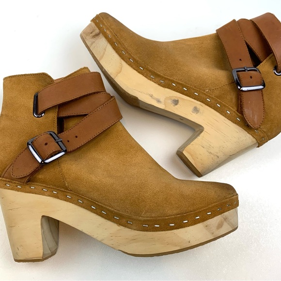 Free People Sz 40 (10) Bungalow Clog Ankle Boot Tan Suede Leather 70s Wood Heel - Picture 11 of 13